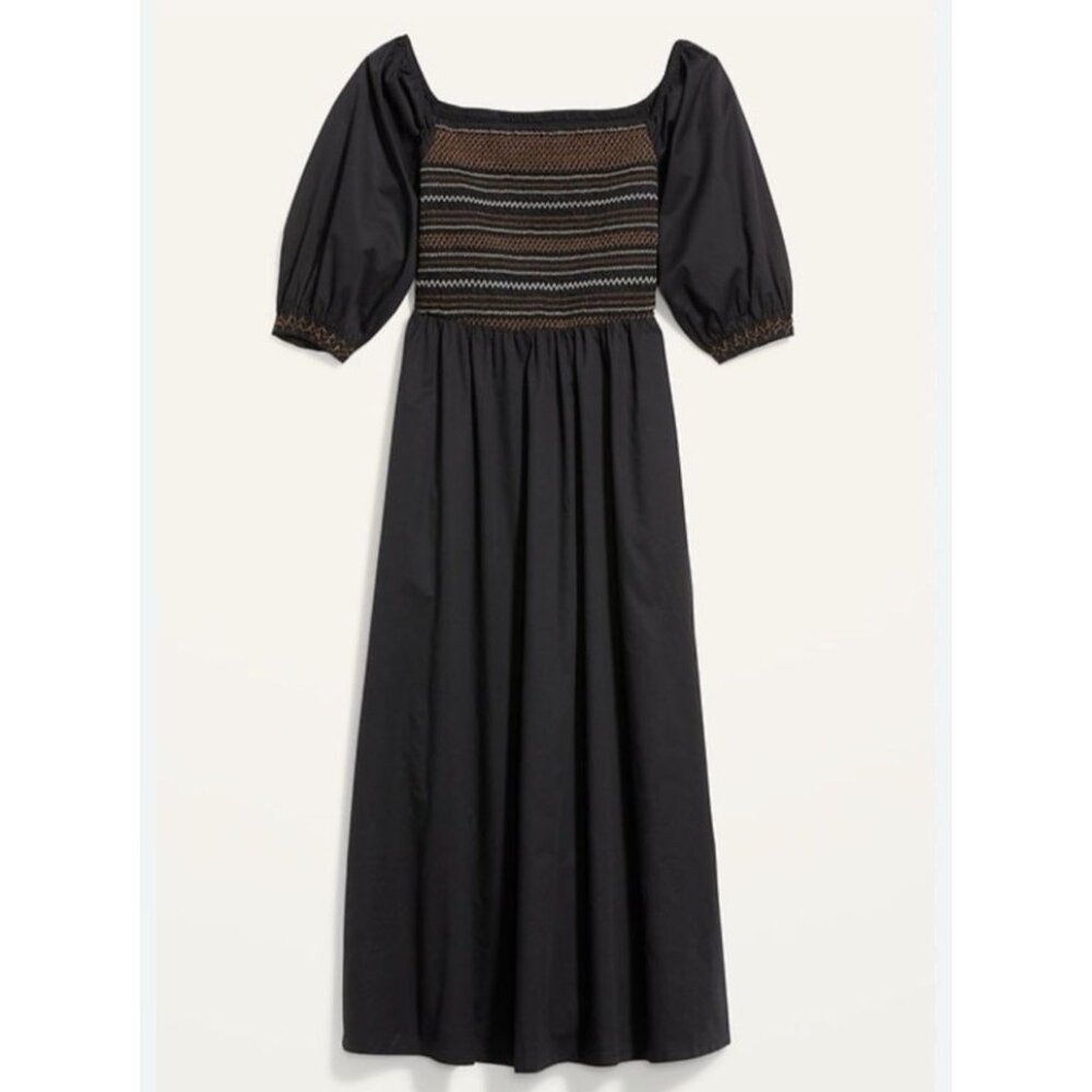 NWOT Old Navy 4X Puff Sleeve Midi Dress Black Smocked with Pockets